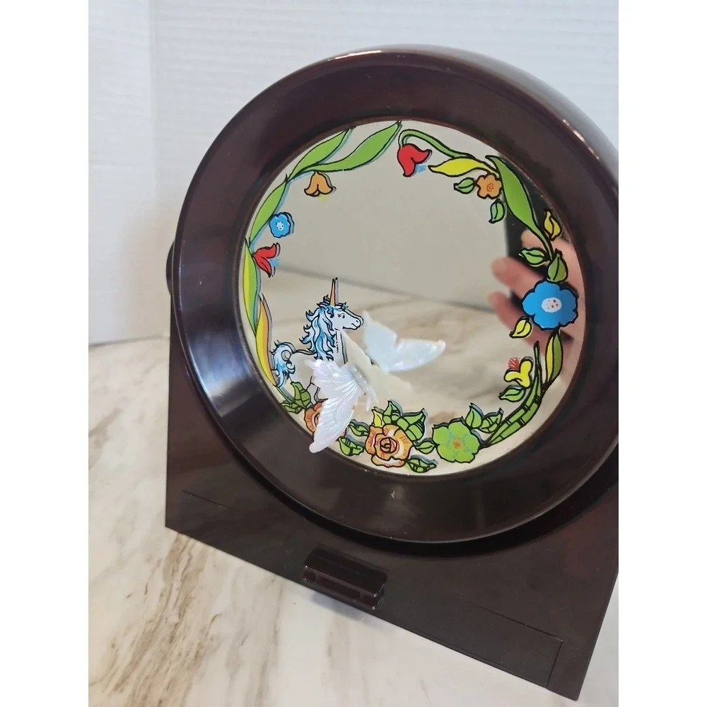 Vtg 70s Yaps Floral Unicorn Vanity Mirror Music Box w/ Drawer Moving Butterfly